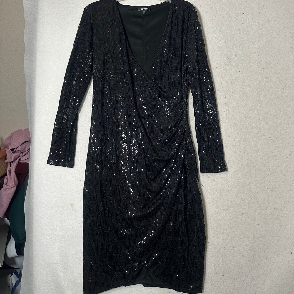 Express Black Sequin Long Sleeve Faux Wrap Metallic Cocktail Dress Large